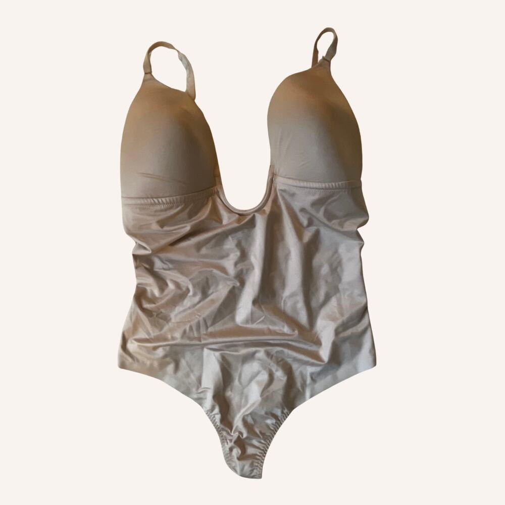 SPANX bodysuit XL suit your fancy plunge low-back thong nude neutral